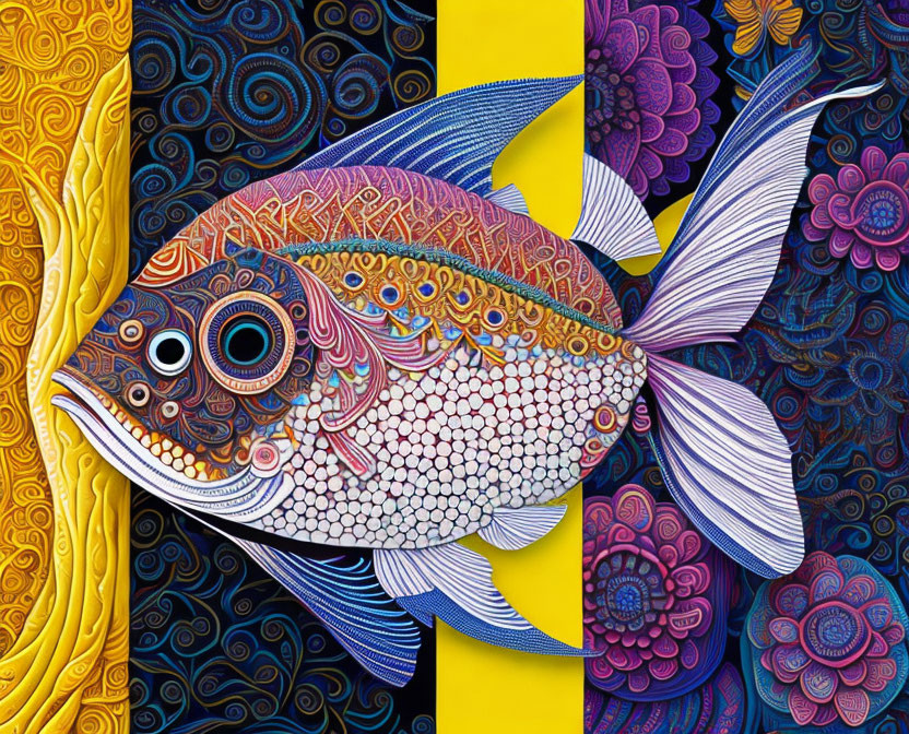 Colorful digital artwork of intricately patterned fish on abstract background