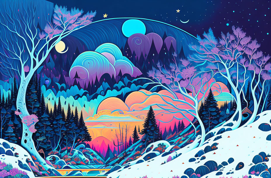 Colorful Psychedelic Landscape with Neon Trees and Starry Sky