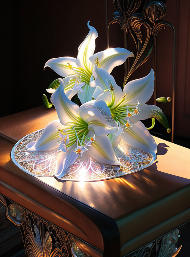 White lilies bouquet on lace doily in sunlight