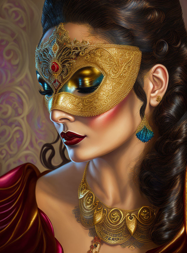 Dark-haired woman in ornate golden mask and jewelry on purple background