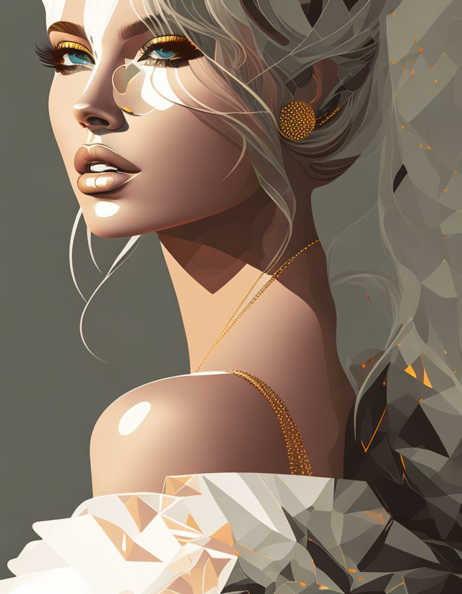 Woman with White Hair, Gold Accents, Butterfly Wing, and Striking Gaze