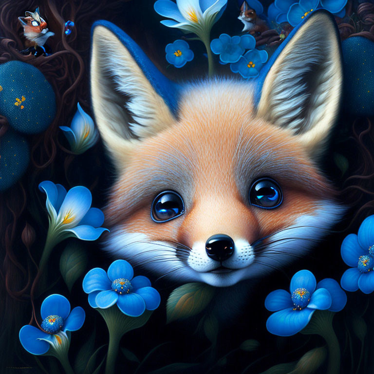 Detailed Fox Face Surrounded by Blue Flowers and Leaves