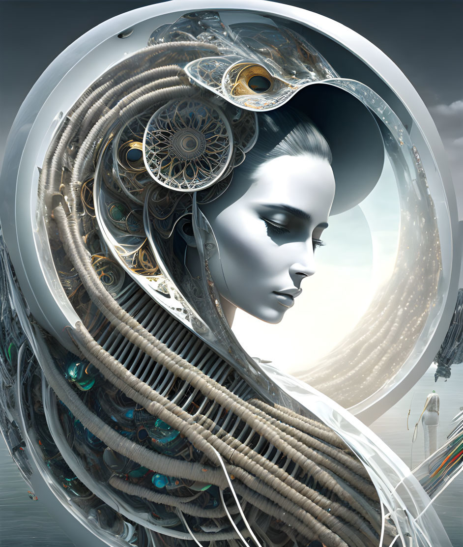 Surreal portrait of woman with mechanical and ornate elements in hair