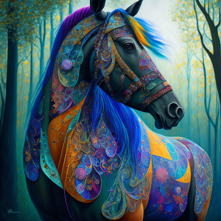 Colorful Ornate Horse Illustration with Blue Mane and Decorative Patterns in Mystical Forest