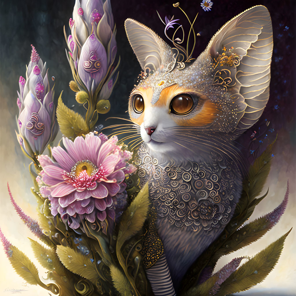 Fantastical creature with cat body and moth wings in whimsical floral setting