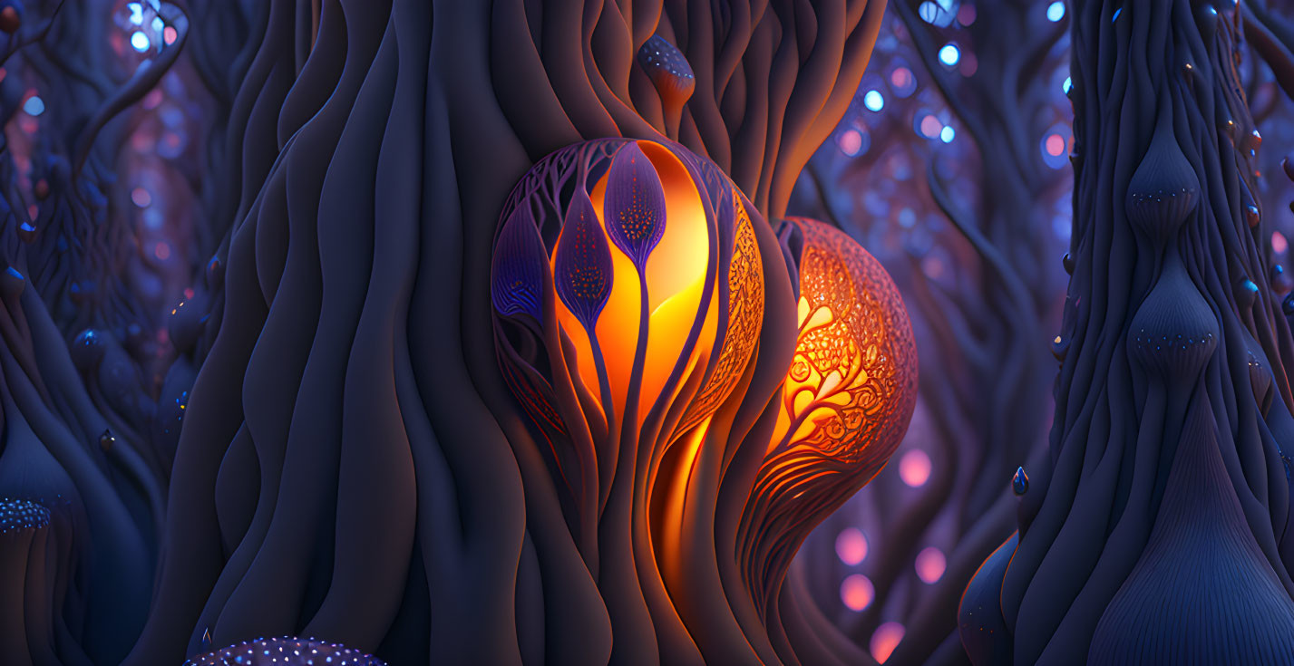 Mystical forest scene with glowing tree-like structures and intricate designs