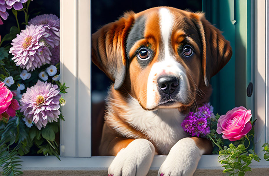 Brown and white puppy with black face gazing from window surrounded by vibrant flowers