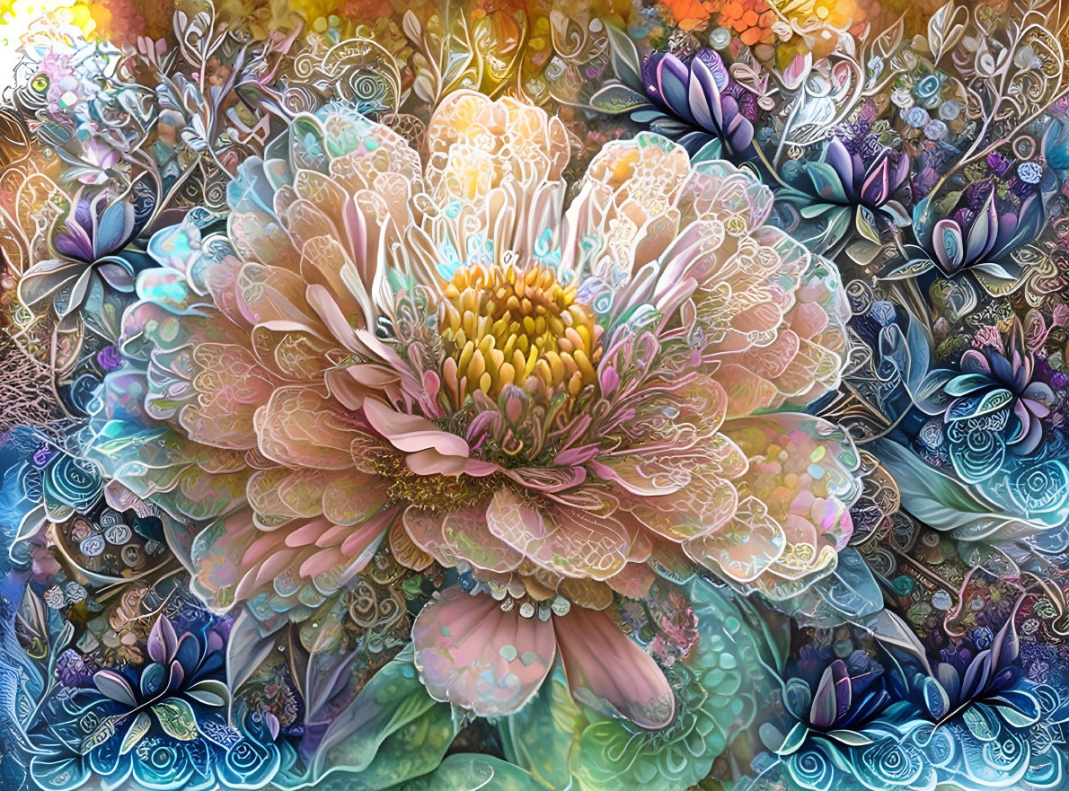 Detailed illustration of vibrant ornate flower with intricate patterns and colorful foliage.