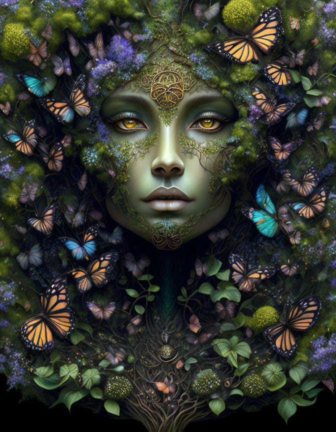 Woman's face in nature with butterflies and intricate patterns