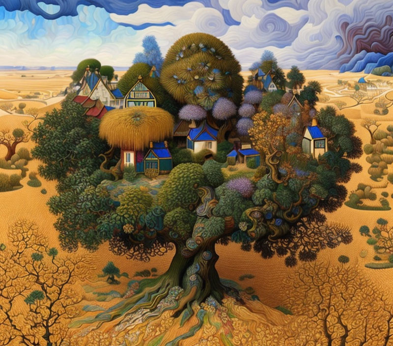 Colorful houses on intricate tree in whimsical painting