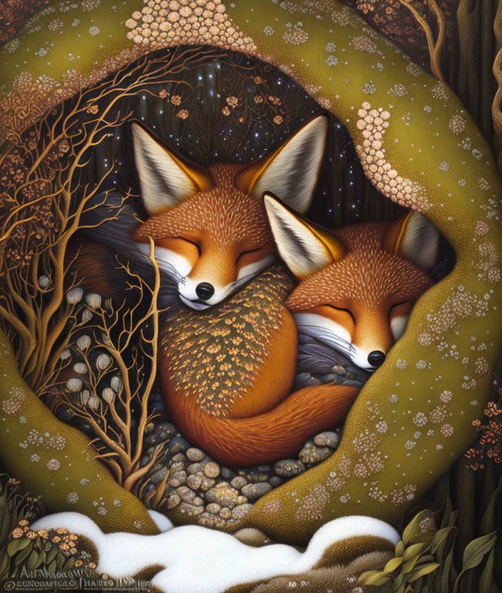 Foxes curled up in intricate forest scene.