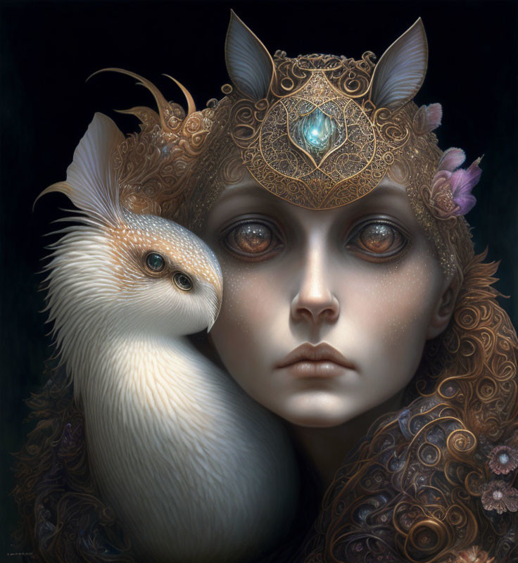 Fantasy-inspired portrait of a woman with mythical griffin companion