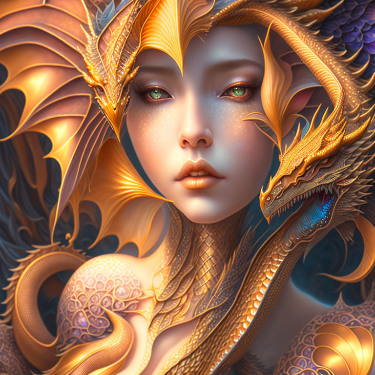 Fantasy character in golden dragon armor with intricate details and mystical dragon companion.