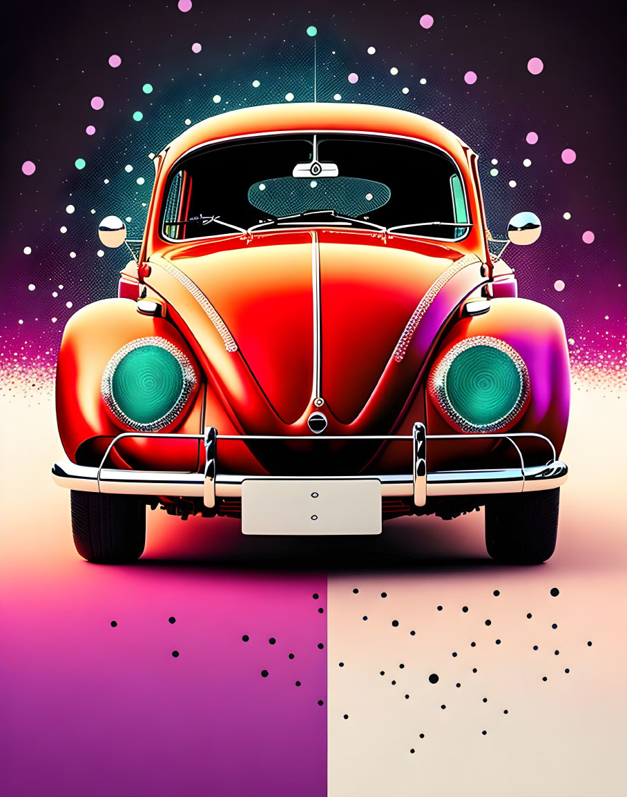 Colorful Volkswagen Beetle illustration on purple-pink backdrop with abstract design