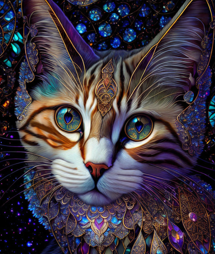 Colorful Digital Artwork: Cat with Glowing Blue Eyes & Intricate Patterns