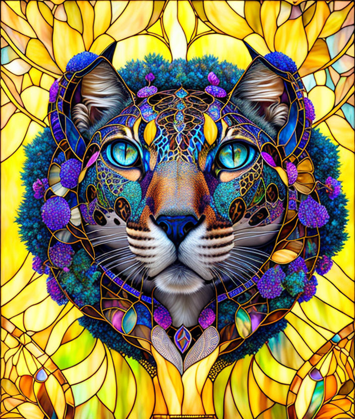 Colorful Leopard Face Artwork with Floral Stained Glass Design