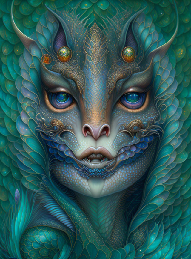 Dragon-like creature with vivid blue scales and golden jewel accents