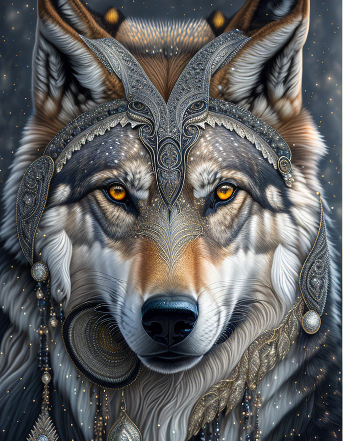 Detailed Wolf Face Illustration with Tribal Patterns and Jewelry on Starry Background