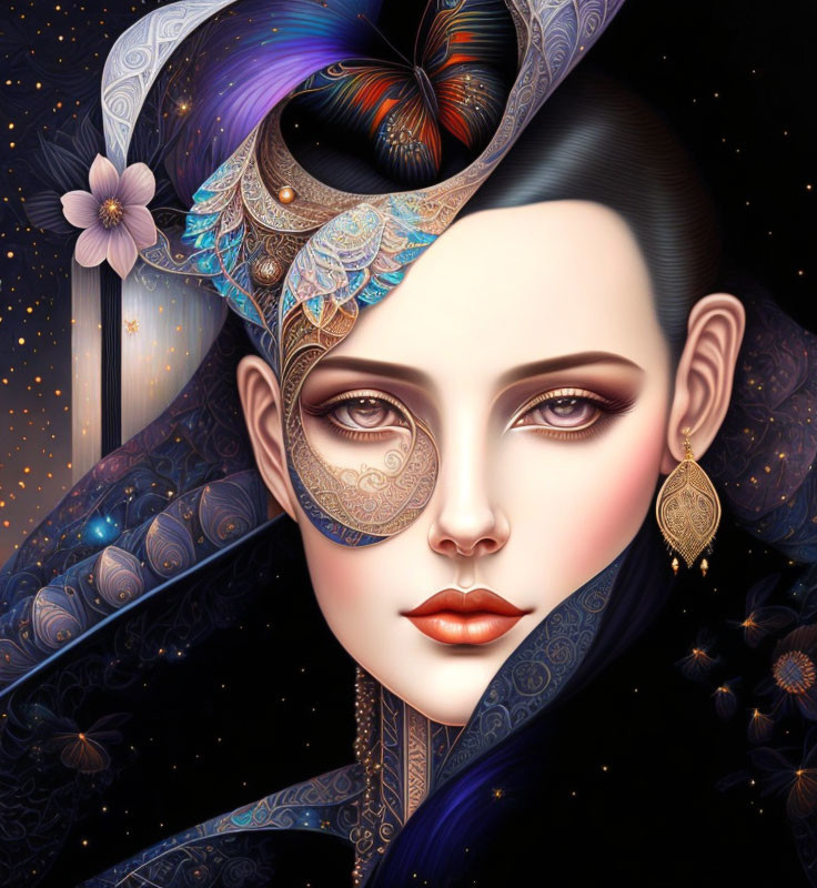 Detailed illustration of woman in ornate eyepatch and blue attire