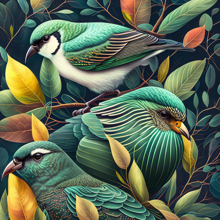 Stylized birds in colorful foliage: white and green, teal and cream