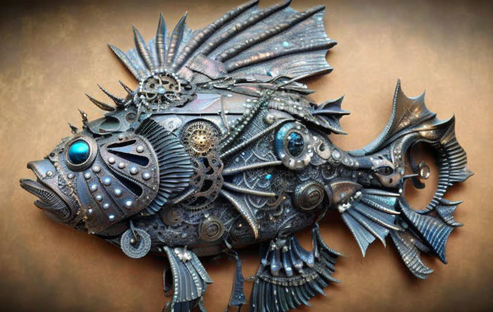 Intricate Steampunk Metal Fish Sculpture with Gears and Cogs