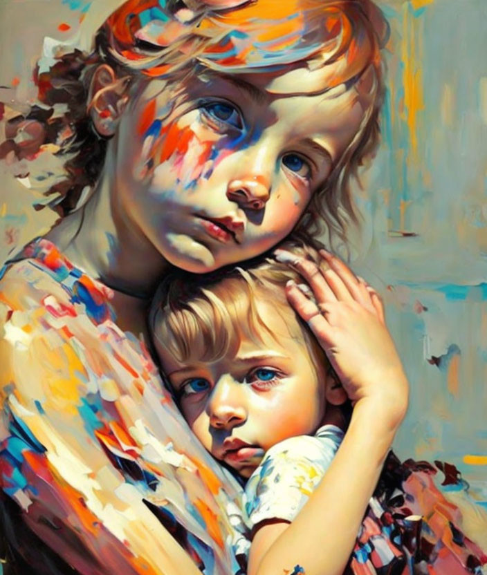 Colorful portrait of two children with striking blue eyes