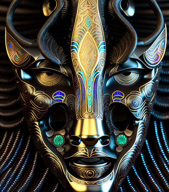 Stylized metallic mask with horns in blue and gold on abstract background