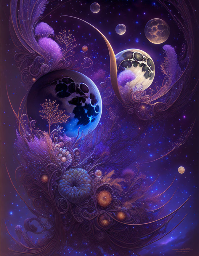 Intricate purple and pink cosmic fractals enveloping celestial bodies