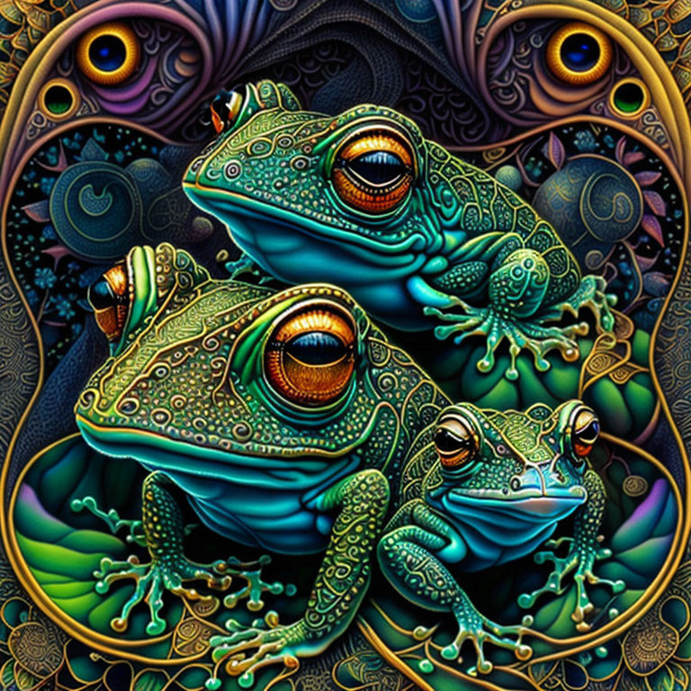 Colorful Stylized Frog Artwork with Ornate Background