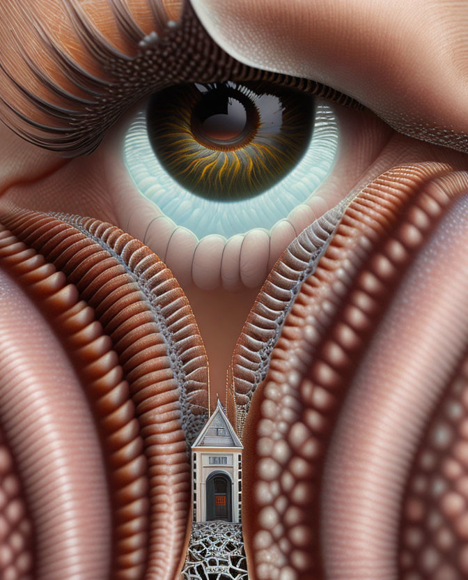 Surreal artwork: Enormous eye over tiny house with tentacle-like structures