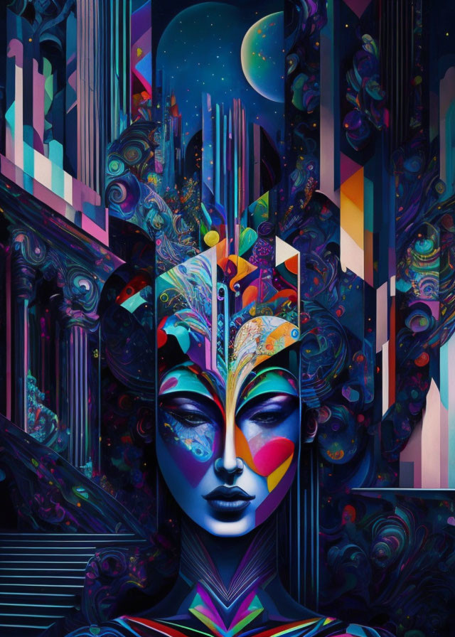 Colorful digital artwork of female figure with abstract headdress in cosmic setting.