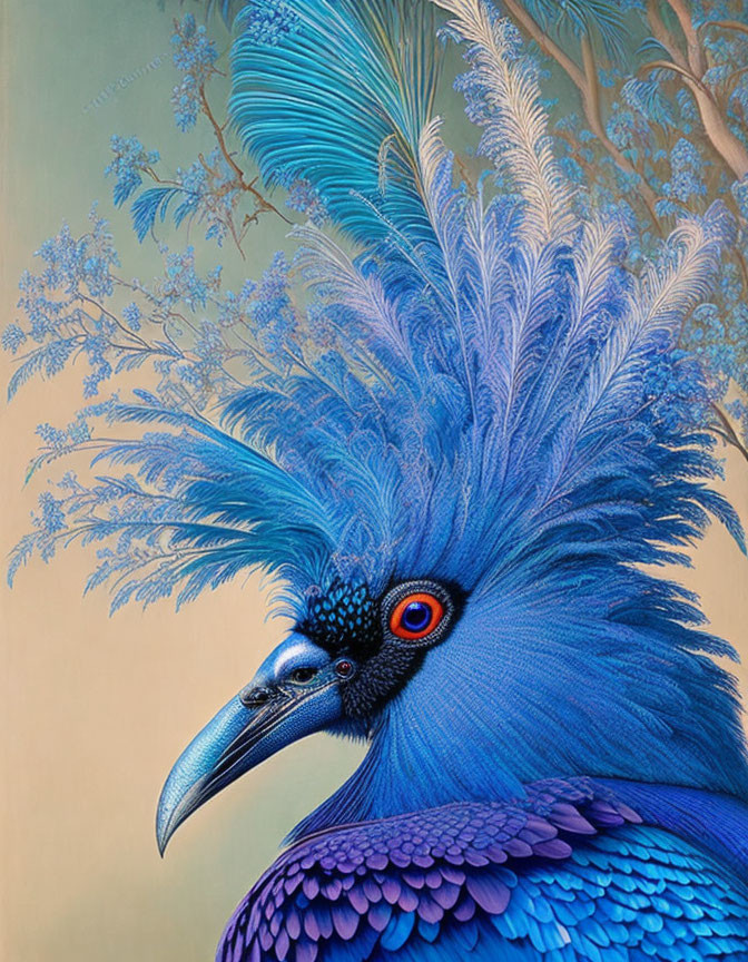 Detailed painting of blue Victoria crowned pigeon with vibrant red eyes on floral background