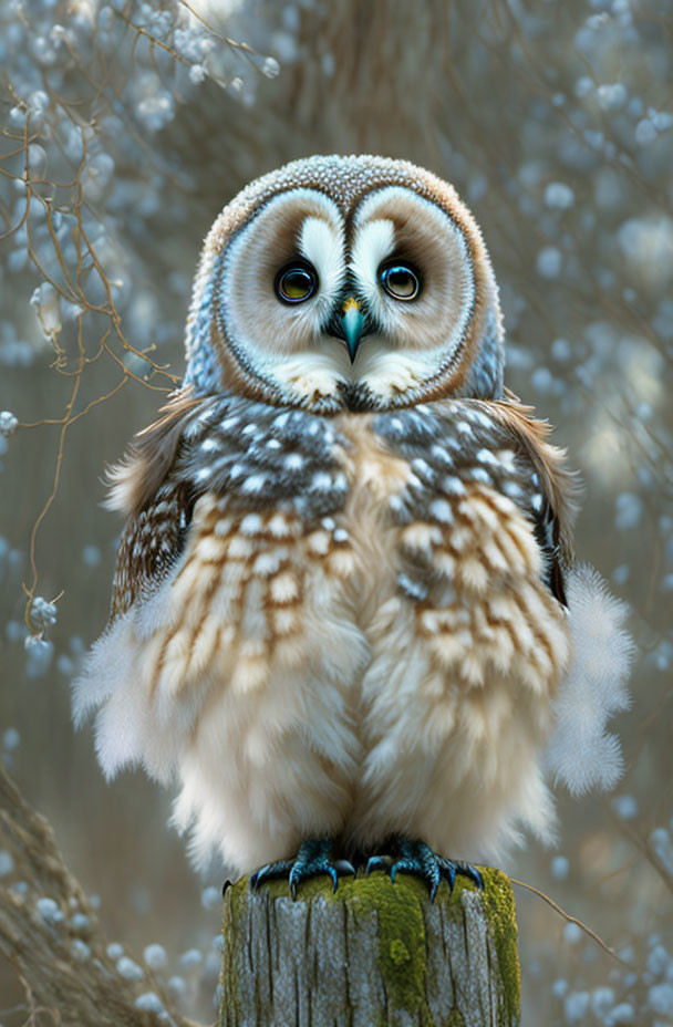 Brown and White Owl with Concentric Circles Perched on Stump