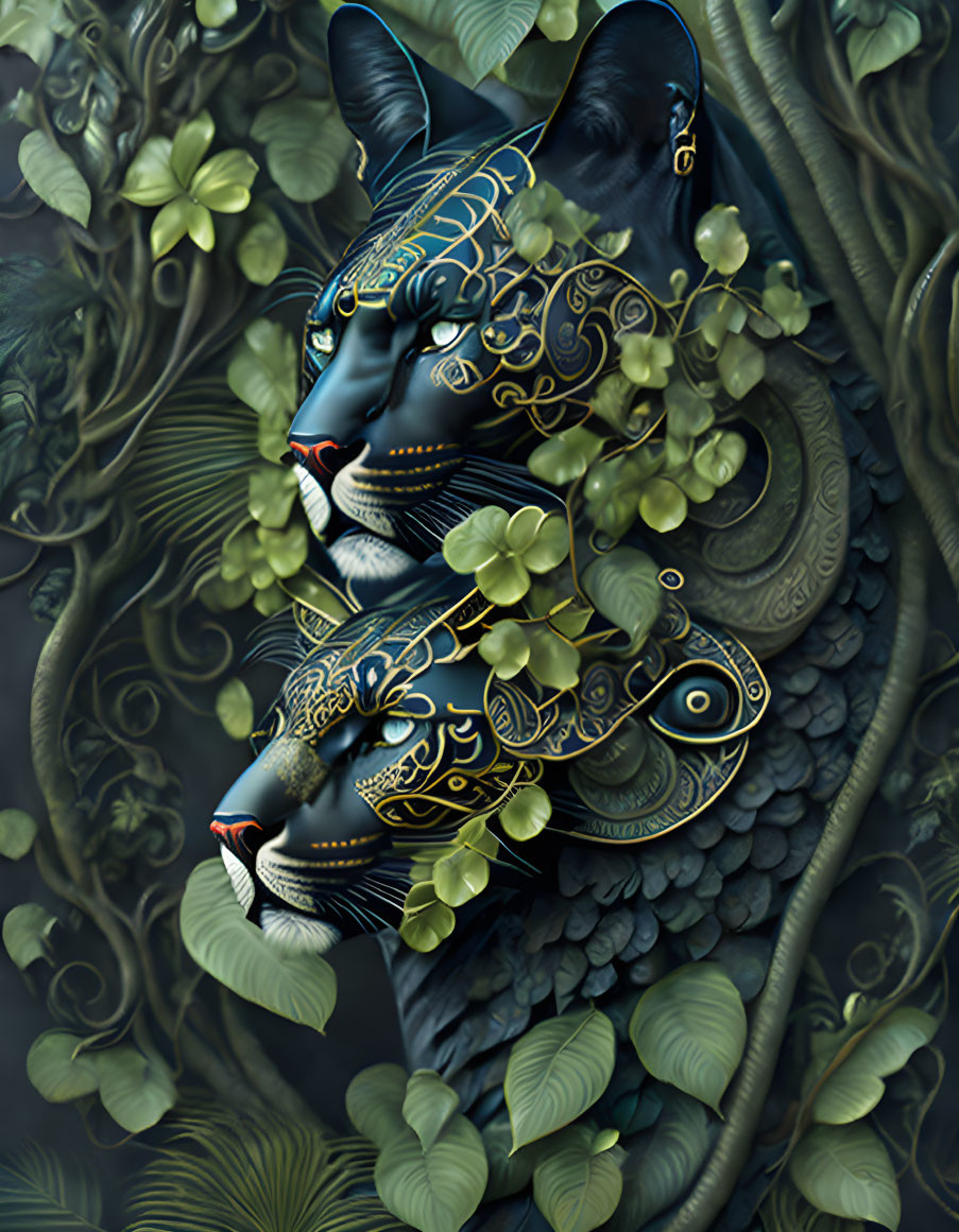 Stylized panther heads with golden patterns in digital artwork