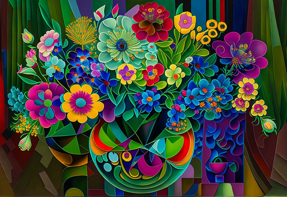 Colorful Stylized Painting of Dense Flower Bouquet