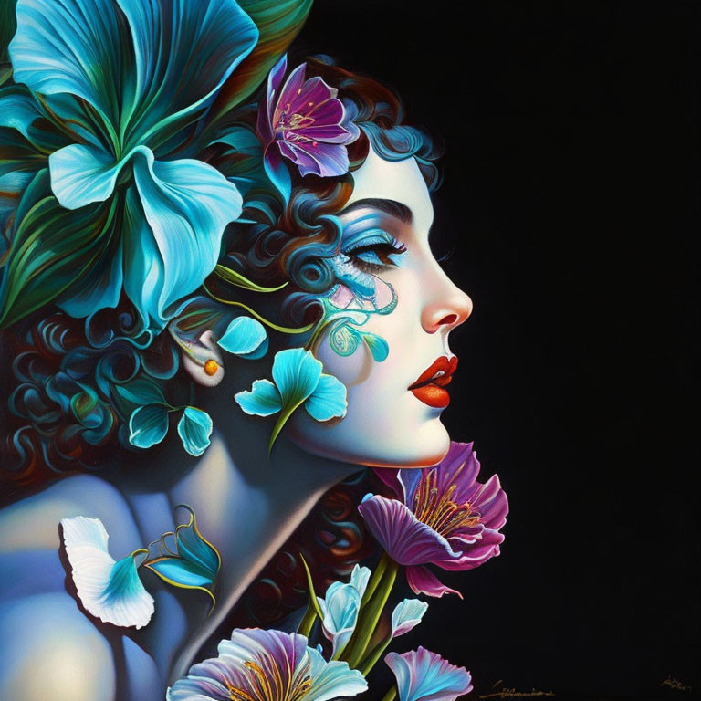 Stylized painting of woman with blue and purple flowers and butterfly on dark background