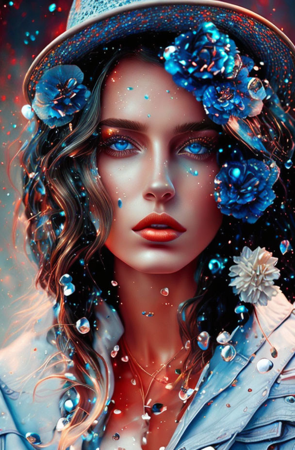 Digital artwork: Woman with blue flowers and water droplets on red background