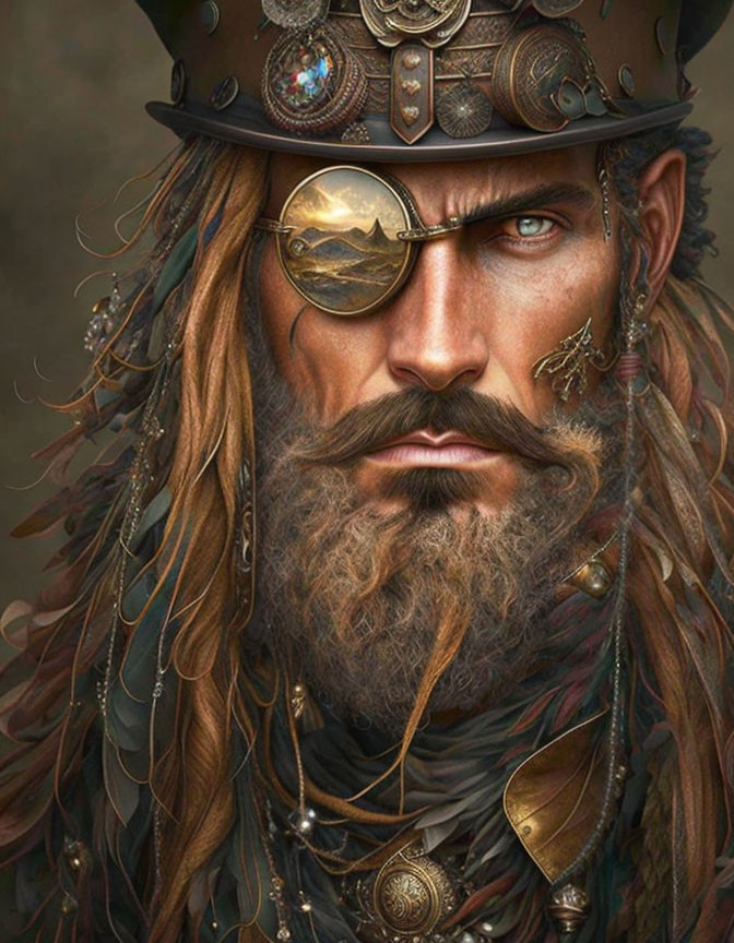 Steampunk-themed illustration of a man with monocle, braided hair, mustache