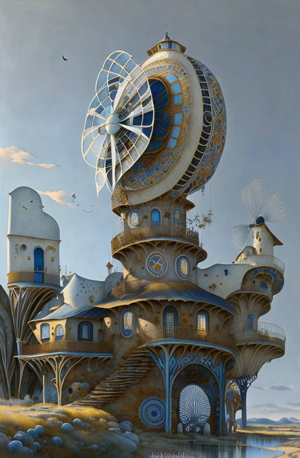 Whimsical steampunk tower with clocks and windmill blades
