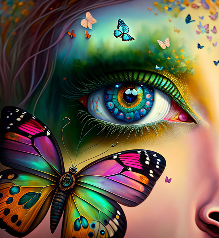 Colorful Human Eye Artwork with Butterflies and Nature Motifs