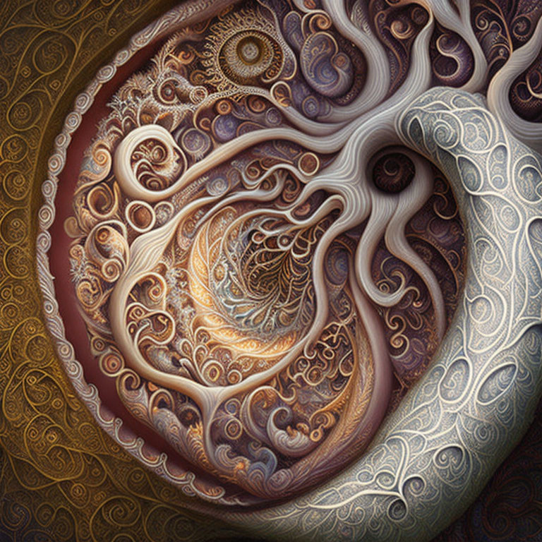 Intricate fractal image with swirling golden, brown, and white hues