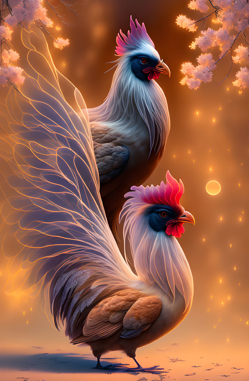 Stylized roosters with vibrant plumes under cherry blossoms