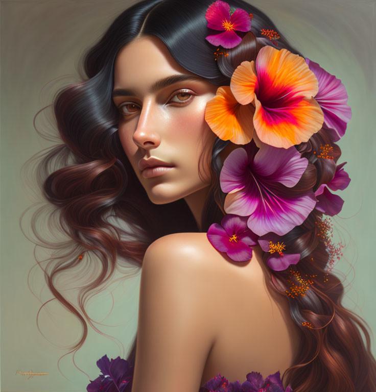 Portrait of Woman with Serene Gaze and Floral Hair Portrait