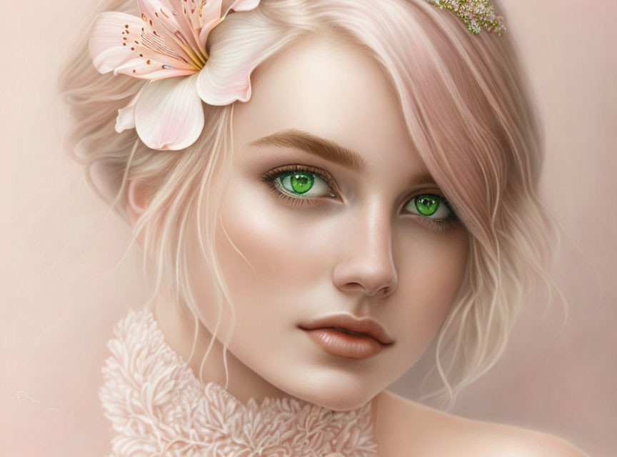 Woman with Green Eyes and Pink Flower in Digital Painting