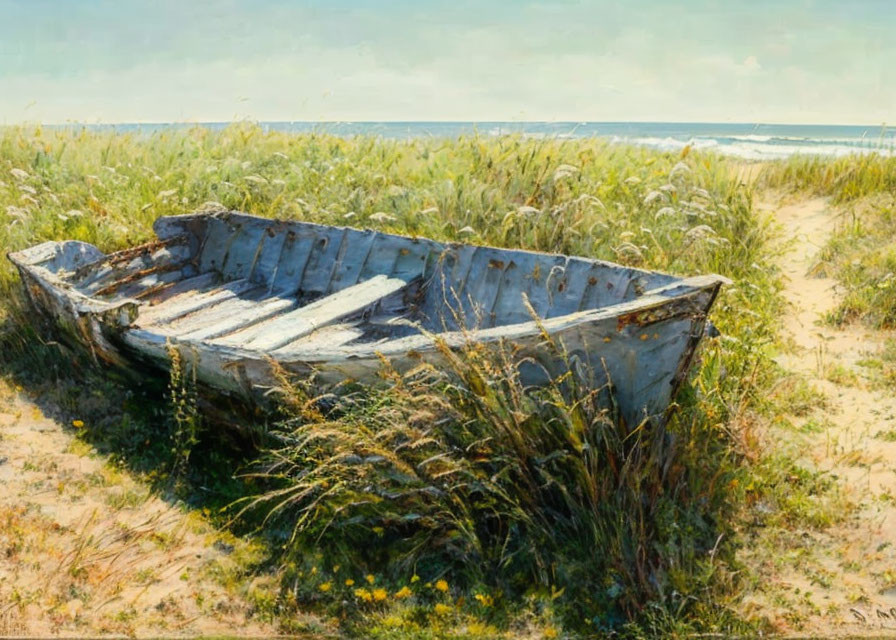 Weathered wooden boat on sandy beach near calm sea