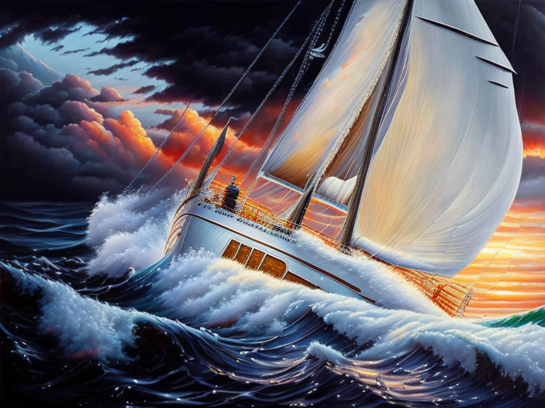 Sailboat navigating turbulent seas with billowing sails