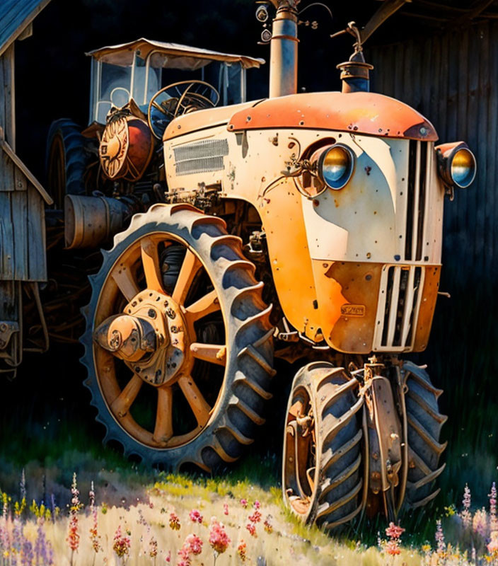 Vintage orange and white tractor by wooden shed in grassy field