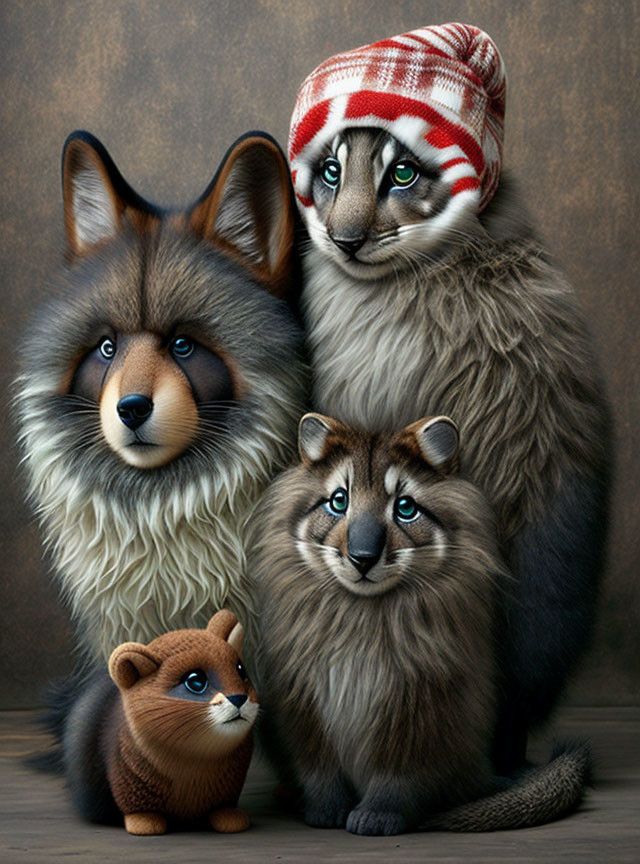 Anthropomorphic raccoon, cat in beanie, tanuki, and tiny fox with human-like