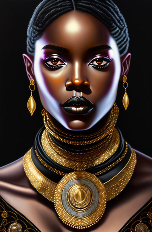 Portrait of woman with striking eyes, dark skin, gold jewelry, and African braided hairstyle