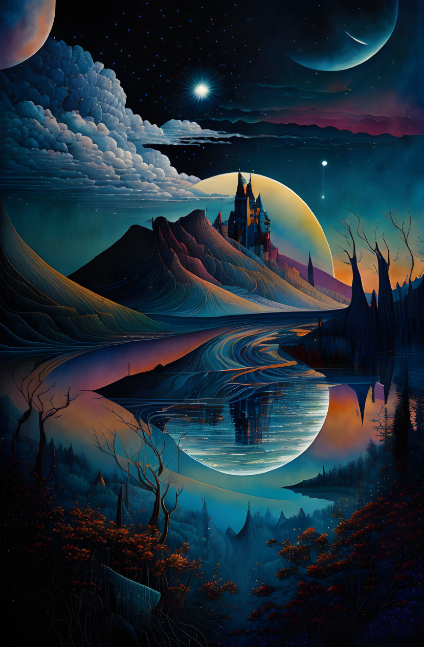 Fantastical night landscape with castle, lake, flora, and celestial elements